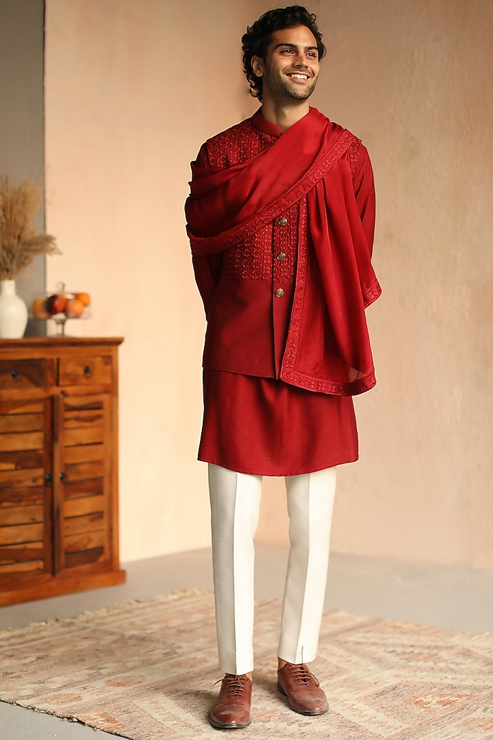 Crab Red Embroidered Bundi Jacket by Philocaly