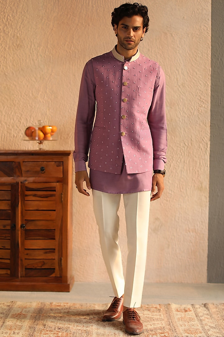 Light Purple Cotton Kurta Set With Bundi Jacket by Philocaly
