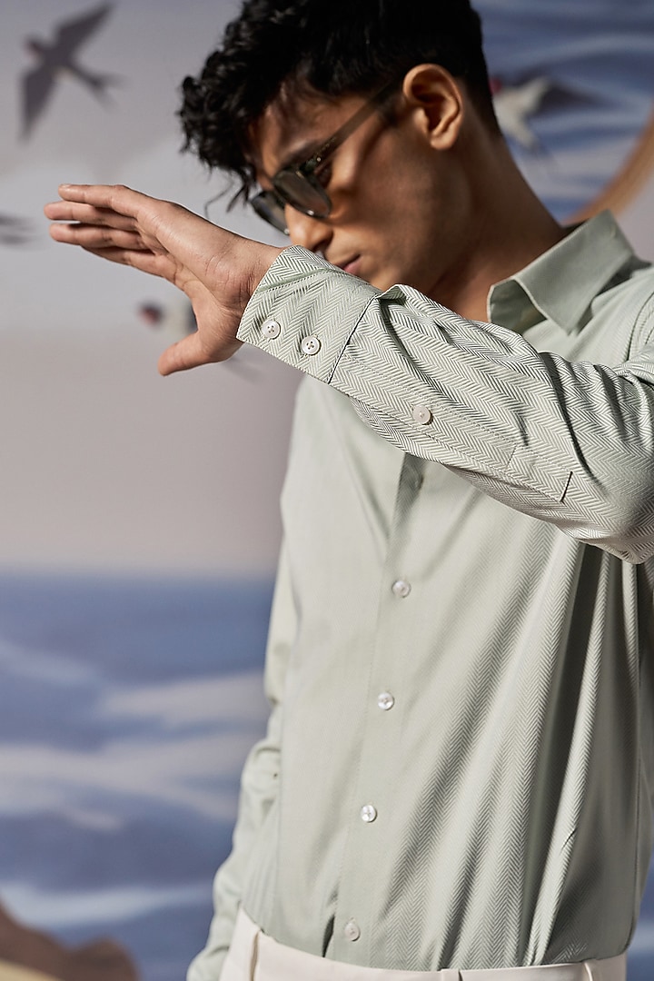 Green Cotton Party Wear Shirt by Philocaly at Pernia's Pop Up Shop
