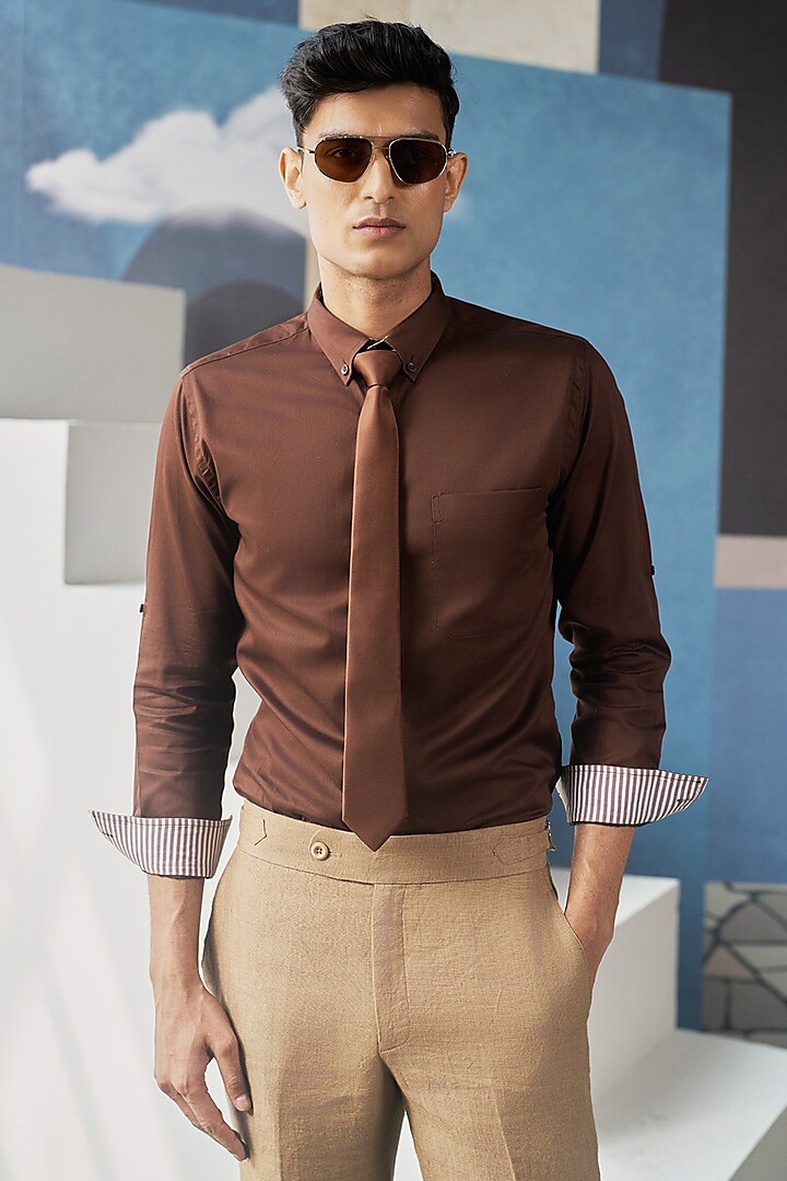 Brown Cotton Shirt by Philocaly