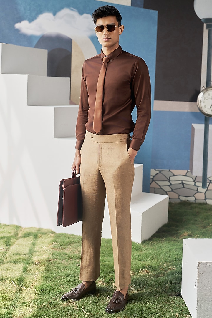 Brown Cotton Party Wear Shirt by Philocaly at Pernia's Pop Up Shop