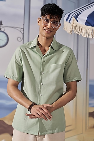 Light Green Linen Pintucks Shirt by Philocaly