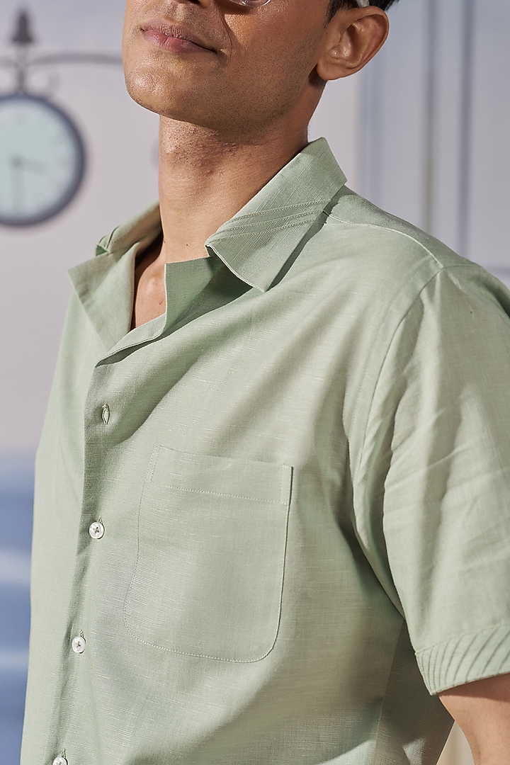 Light Green Linen Pintucks Party Wear Shirt by Philocaly at Pernia's Pop Up Shop