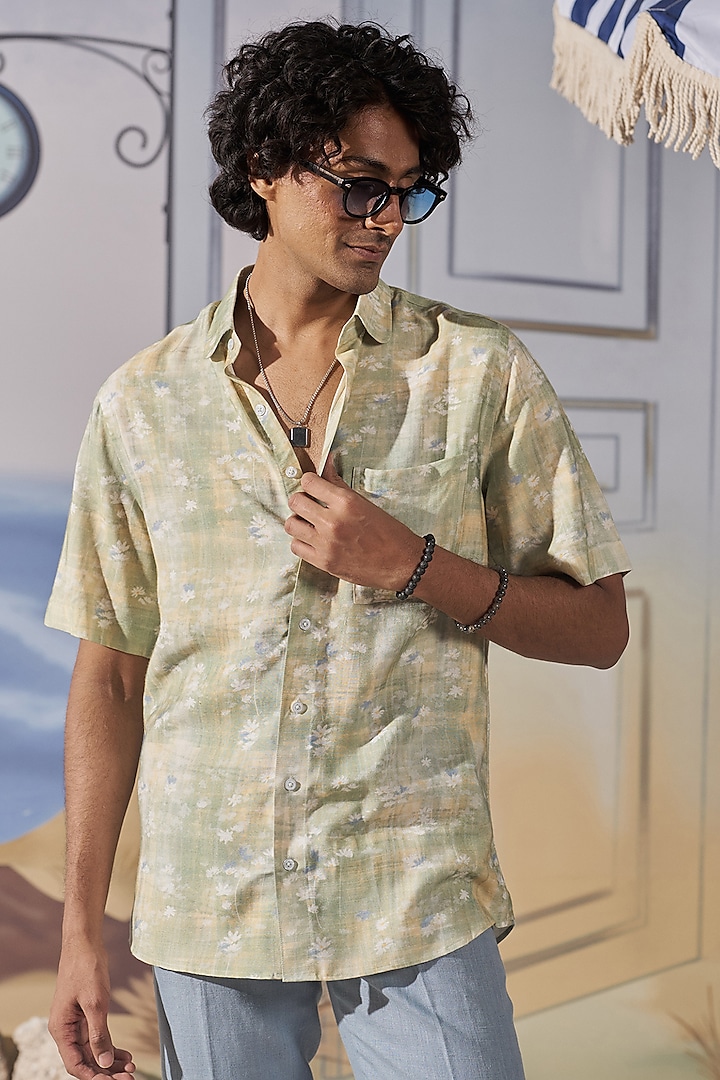 Green Cotton Floral Printed Shirt by Philocaly