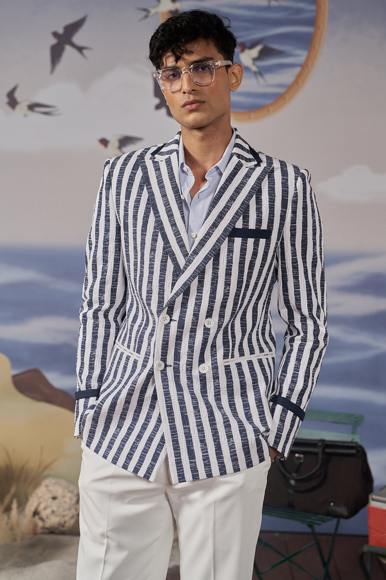 White & Navy Blue Seersucker Striped Blazer by Philocaly