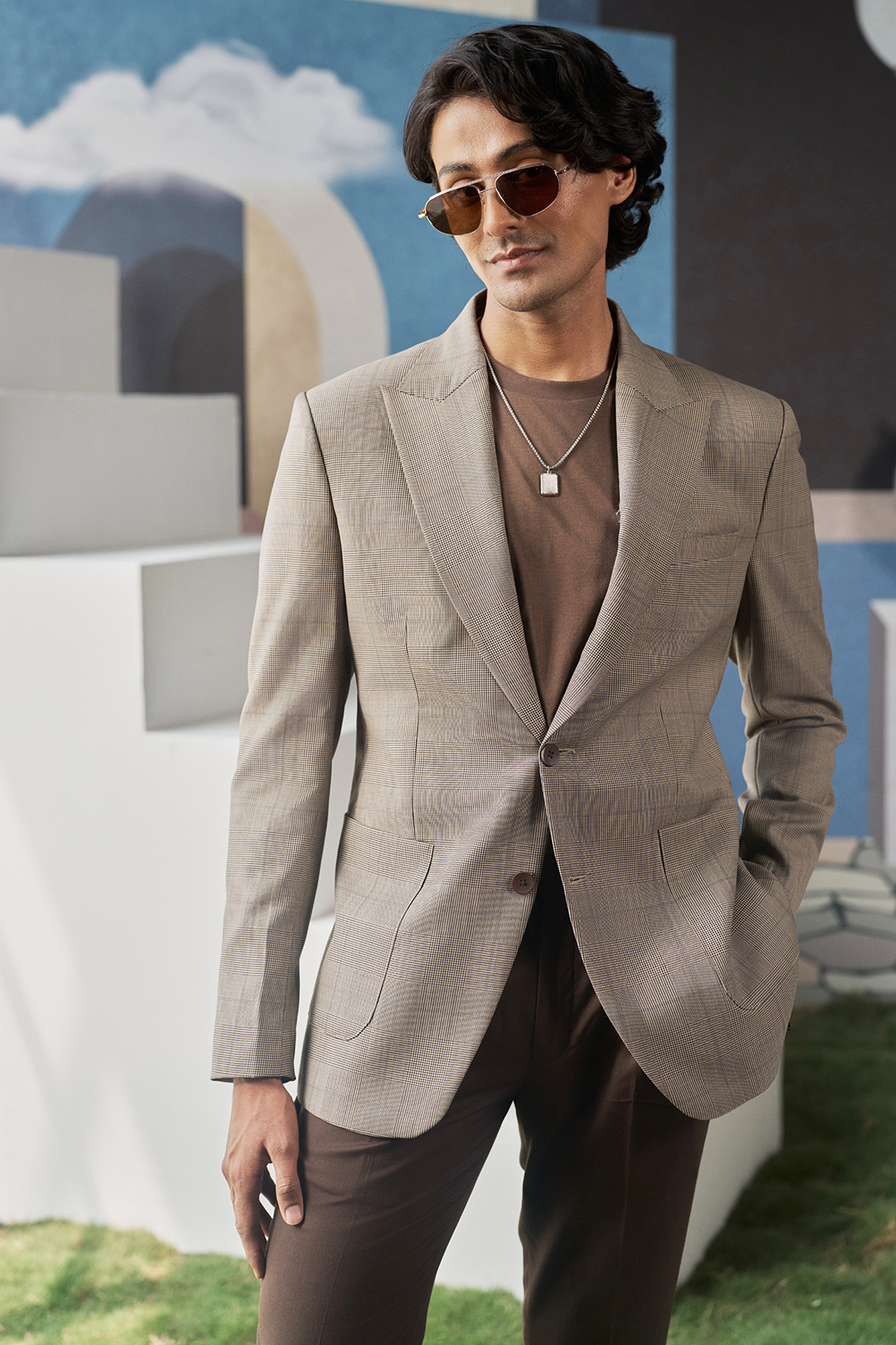 Brown Perennial Wool checkered Blazer by Philocaly