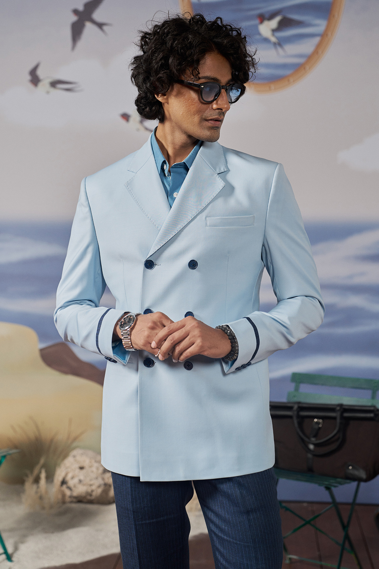Sky Blue Perennial Wool Double-Breasted Blazer by Philocaly
