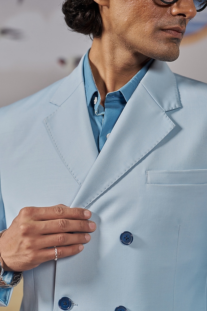 Sky Blue Perennial Wool Double-Breasted Blazer by Philocaly at Pernia's Pop Up Shop