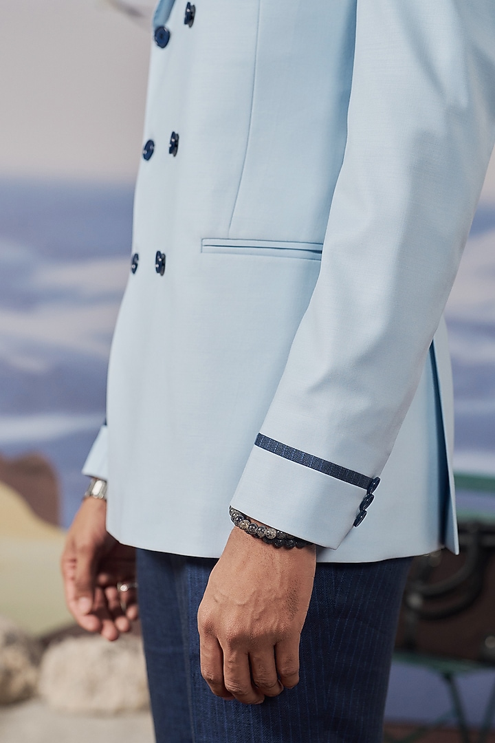 Sky Blue Perennial Wool Double-Breasted Blazer by Philocaly at Pernia's Pop Up Shop