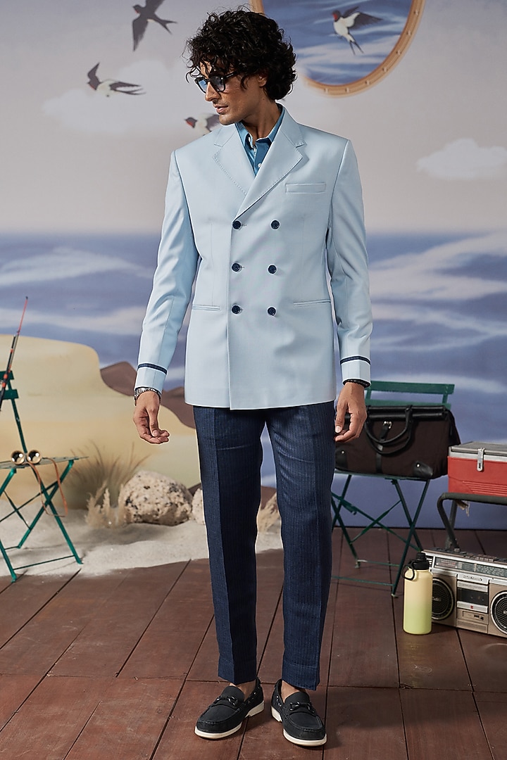 Sky Blue Perennial Wool Double-Breasted Blazer by Philocaly at Pernia's Pop Up Shop