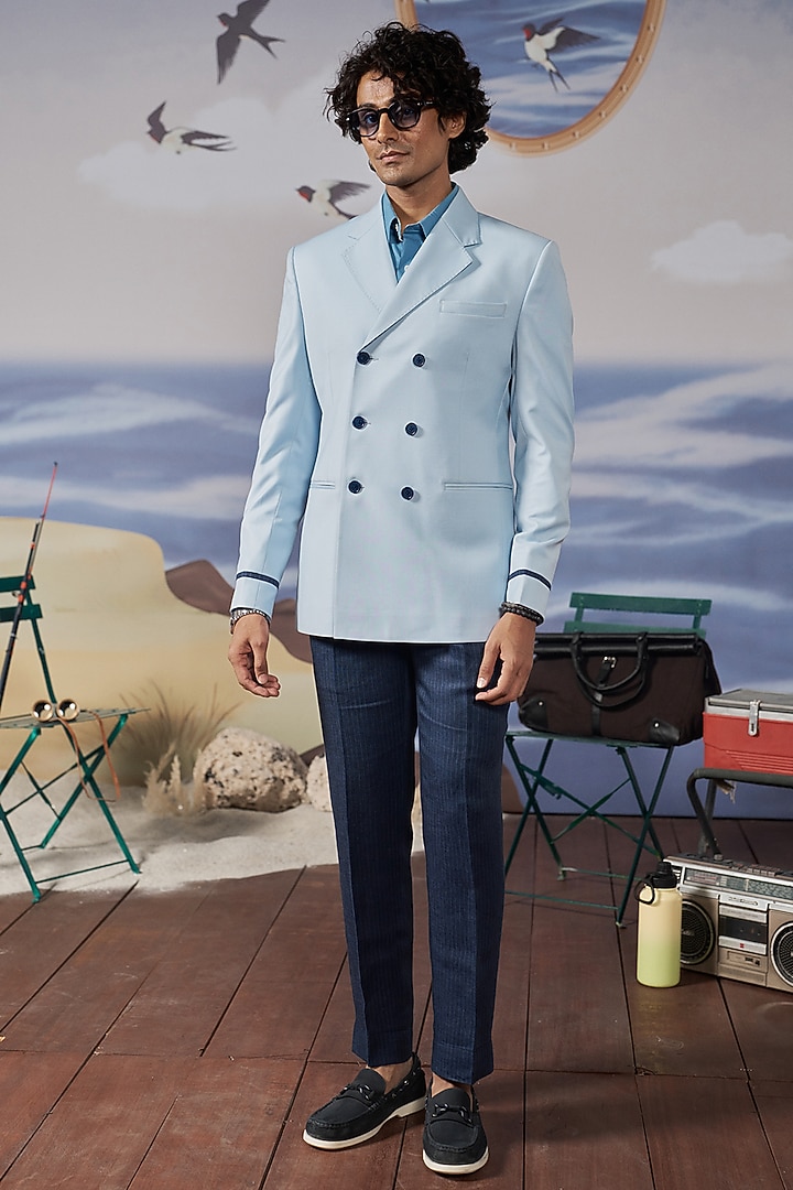 Sky Blue Perennial Wool Double-Breasted Blazer by Philocaly at Pernia's Pop Up Shop