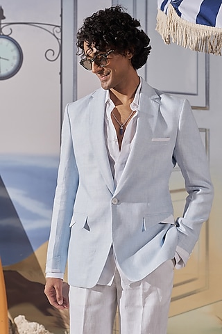 Light Blue Linen Overlap Blazer by Philocaly