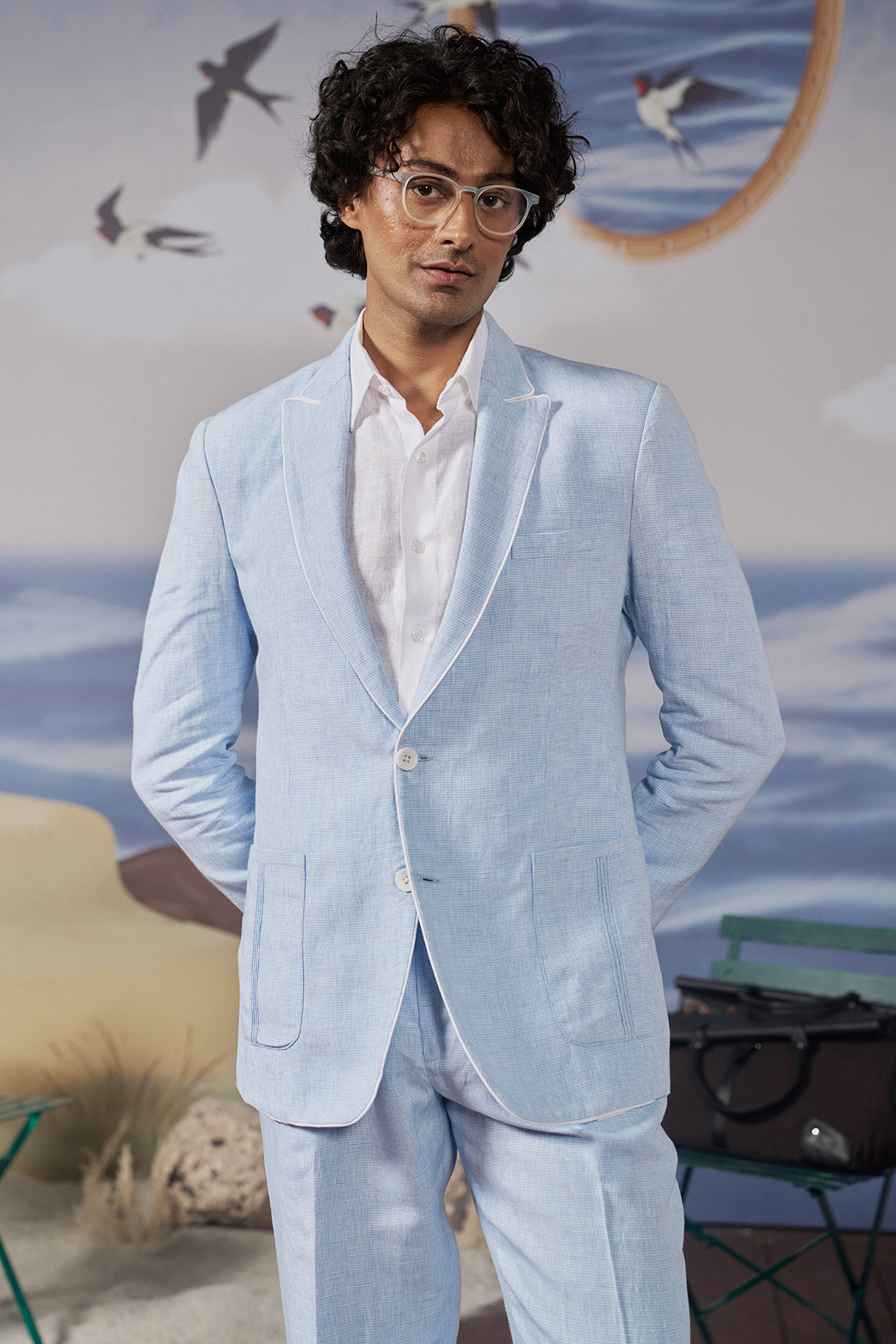 Light Blue Linen Checkered Blazer by Philocaly
