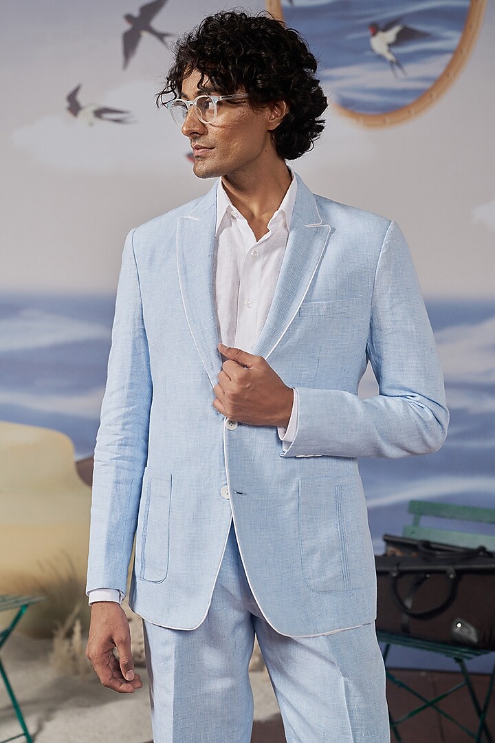Light Blue Linen Checkered Blazer by Philocaly at Pernia's Pop Up Shop