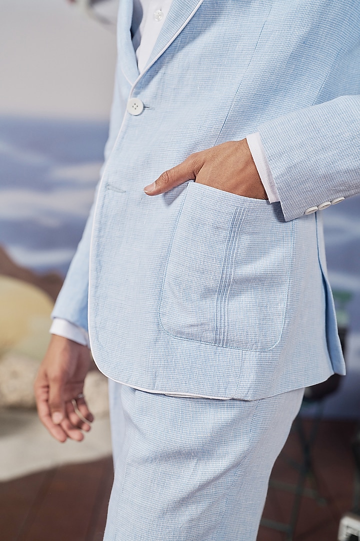 Light Blue Linen Checkered Blazer by Philocaly at Pernia's Pop Up Shop