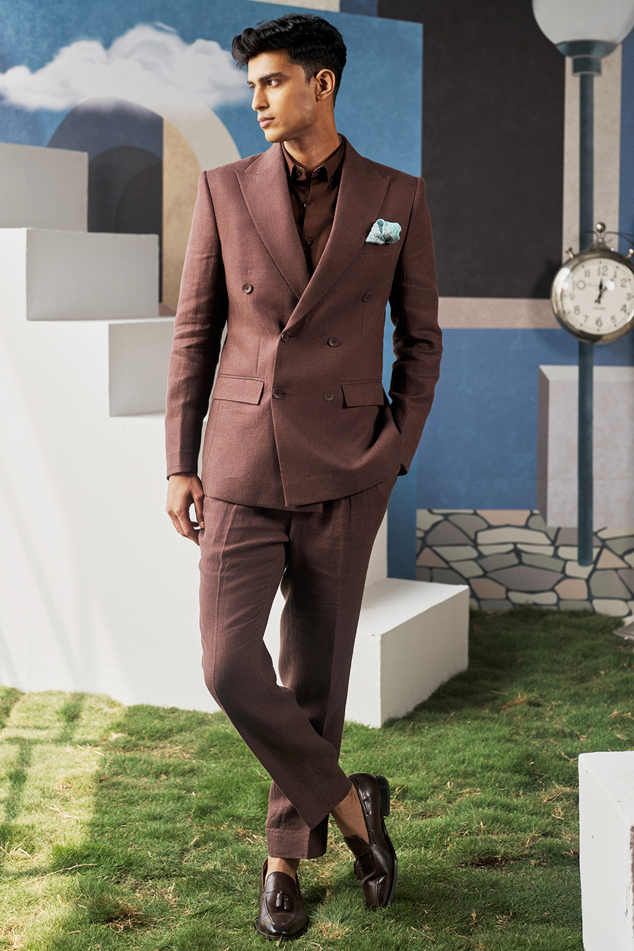 Brown Linen Double-Breasted Blazer Set by Philocaly