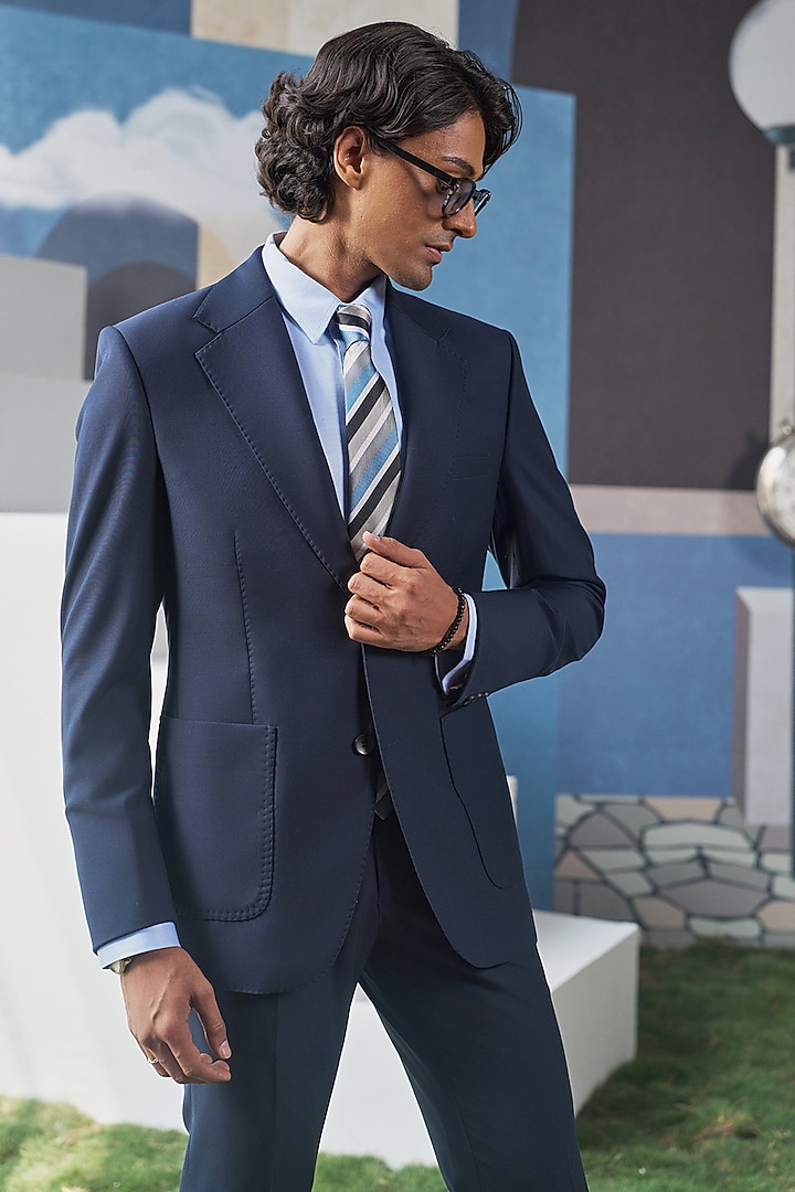 Dark Blue Perennial Wool Blazer Set by Philocaly at Pernia's Pop Up Shop