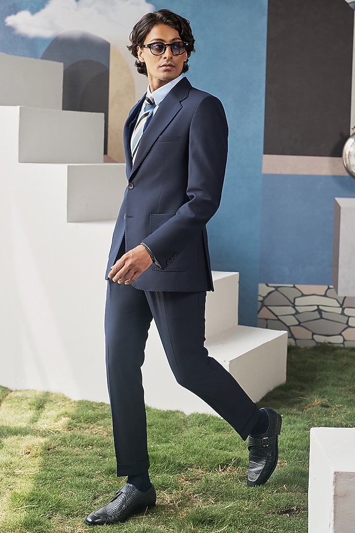 Dark Blue Perennial Wool Blazer Set by Philocaly at Pernia's Pop Up Shop