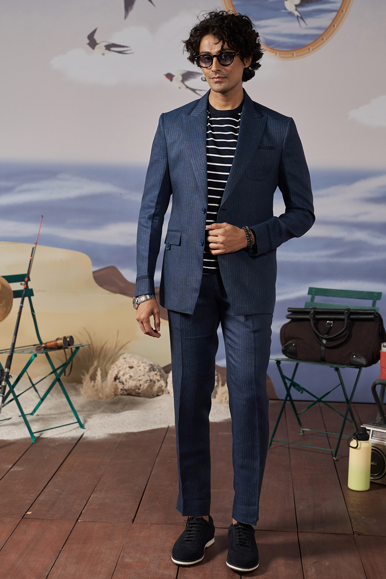 Blue Linen Striped Blazer Set by Philocaly