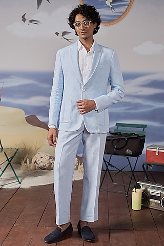 Light Blue Linen Checkered Blazer Set by Philocaly