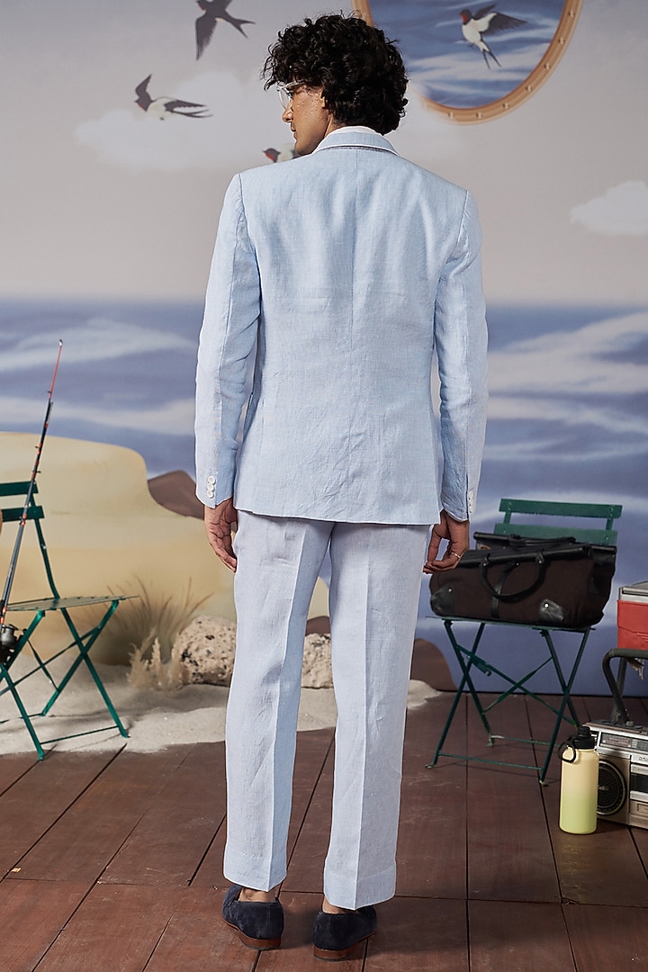 Light Blue Linen Checkered Blazer Set by Philocaly at Pernia's Pop Up Shop