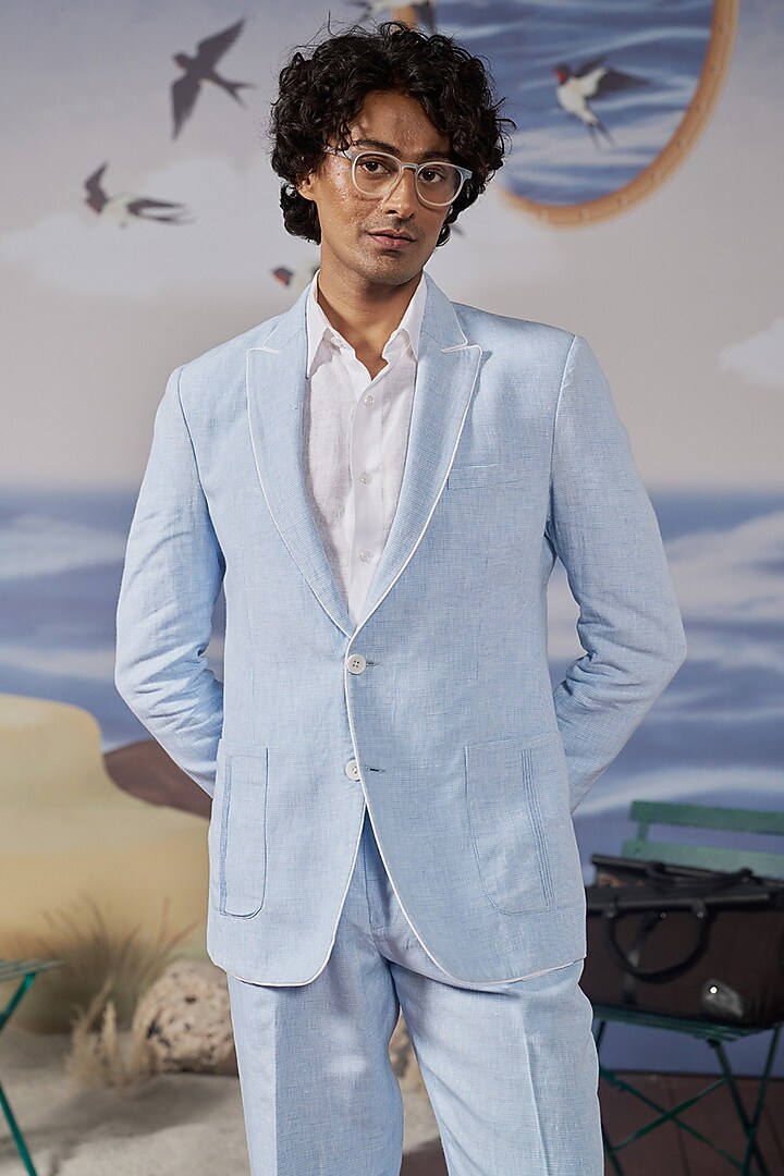 Light Blue Linen Checkered Blazer Set by Philocaly at Pernia's Pop Up Shop