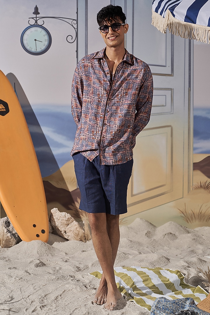 Ink Blue Linen Party Wear Shirt by Philocaly at Pernia's Pop Up Shop
