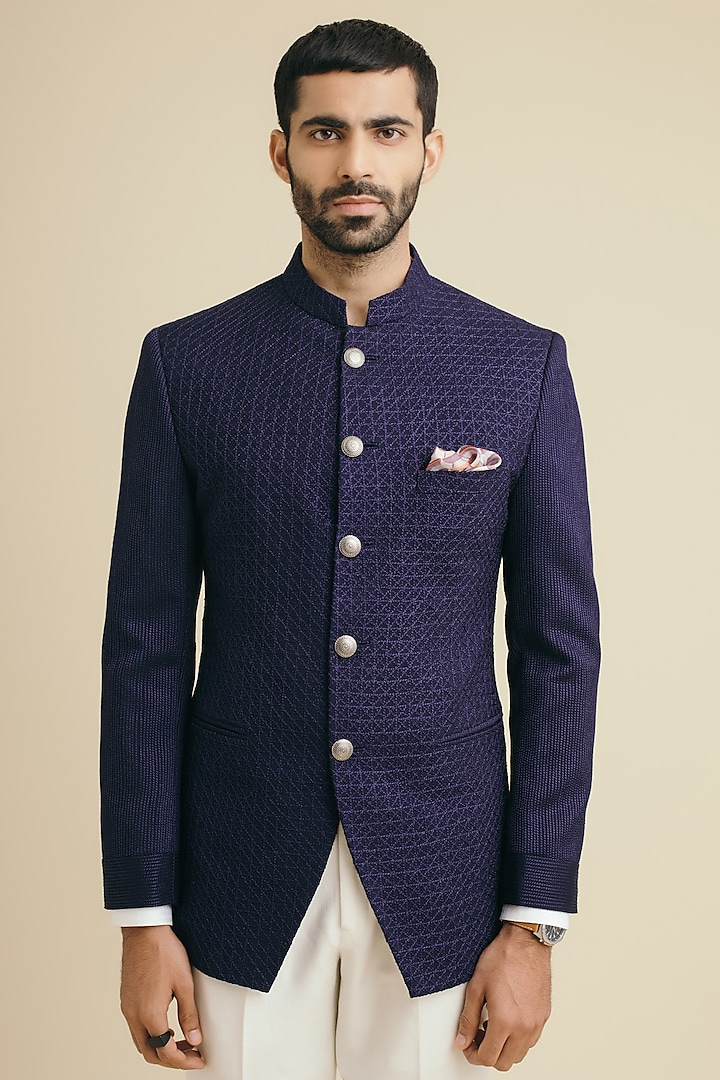 Deep Indigo Cotton & Silk Embroidered Wedding Bandhgala Jacket by Philocaly at Pernia's Pop Up Shop