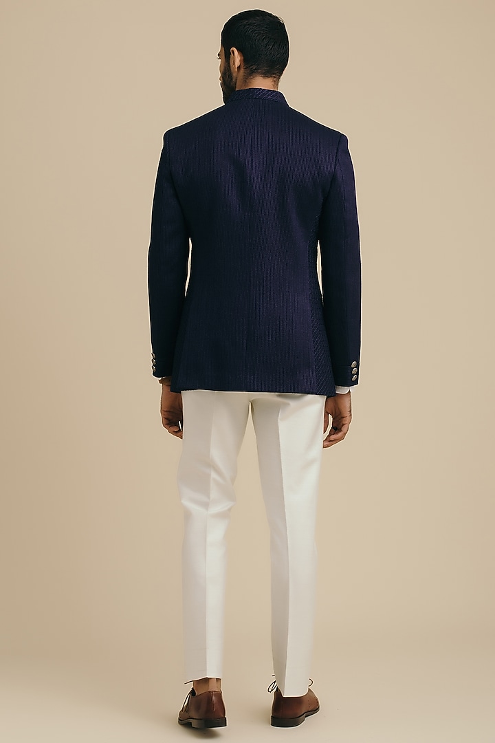 Deep Indigo Cotton & Silk Embroidered Wedding Bandhgala Jacket by Philocaly at Pernia's Pop Up Shop