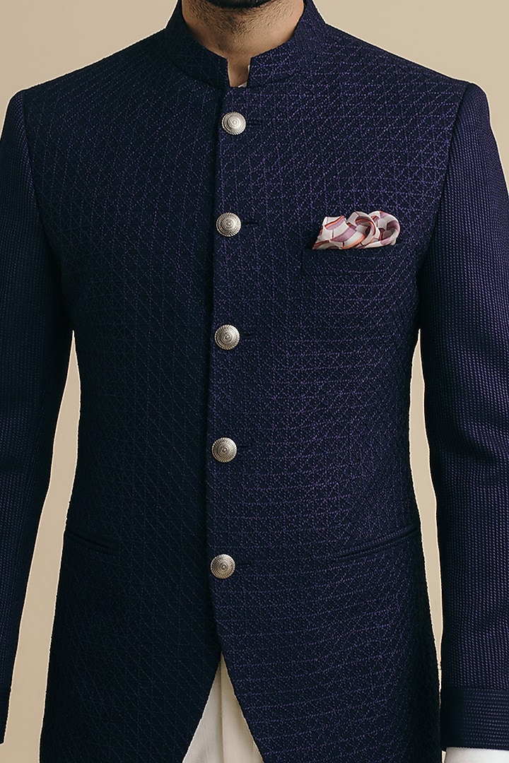 Deep Indigo Cotton & Silk Embroidered Wedding Bandhgala Jacket by Philocaly at Pernia's Pop Up Shop