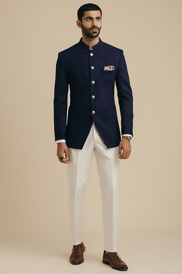 Deep Indigo Cotton & Silk Embroidered Wedding Bandhgala Jacket by Philocaly at Pernia's Pop Up Shop
