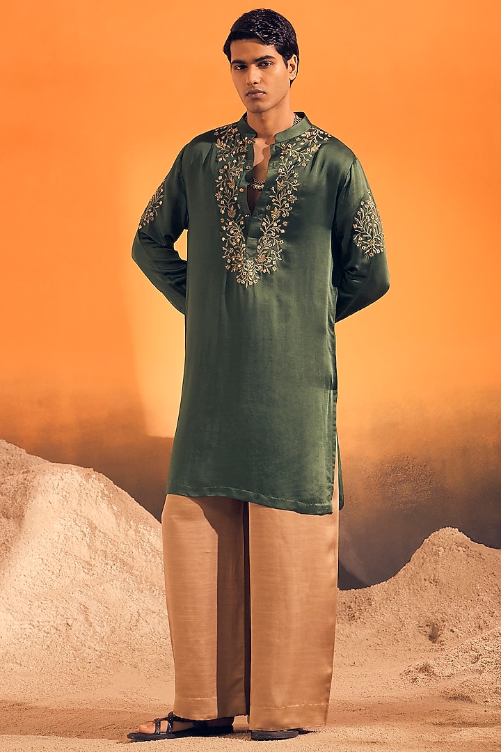 Forest Green Raw Silk Satin Kurta by Philocaly at Pernia's Pop Up Shop