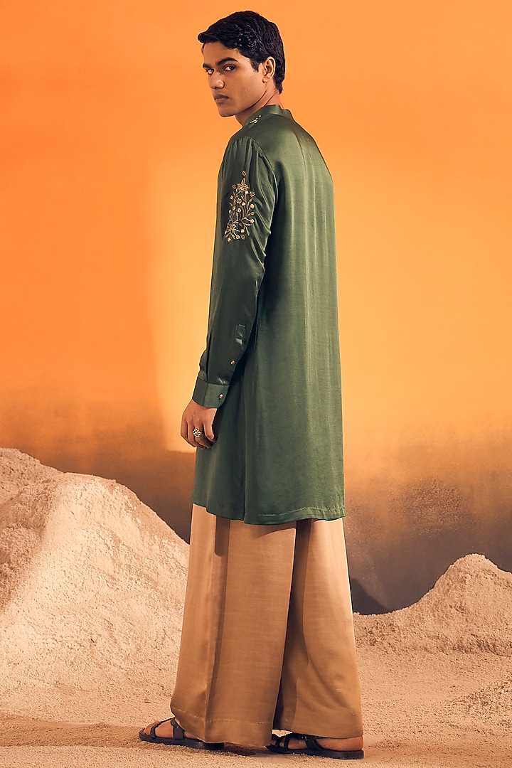 Forest Green Raw Silk Satin Kurta by Philocaly at Pernia's Pop Up Shop