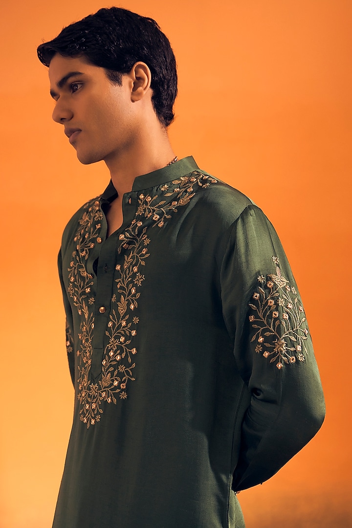 Forest Green Raw Silk Satin Kurta by Philocaly at Pernia's Pop Up Shop