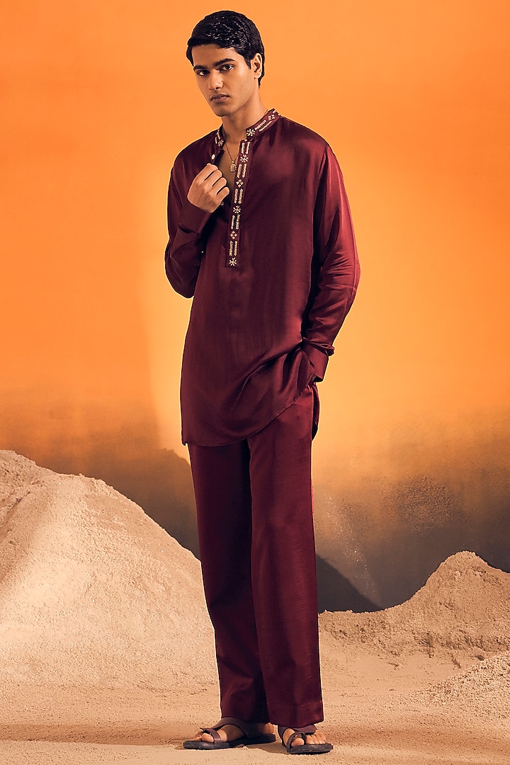Wine Raw Silk Satin Kurta by Philocaly at Pernia's Pop Up Shop