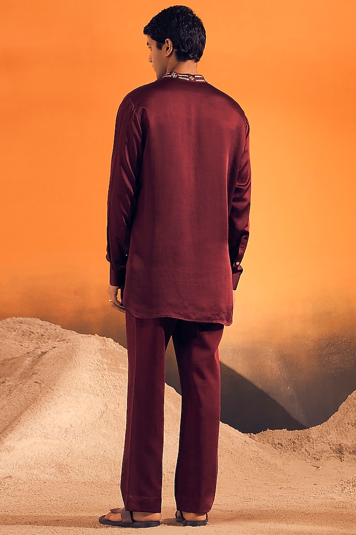 Wine Raw Silk Satin Kurta by Philocaly at Pernia's Pop Up Shop