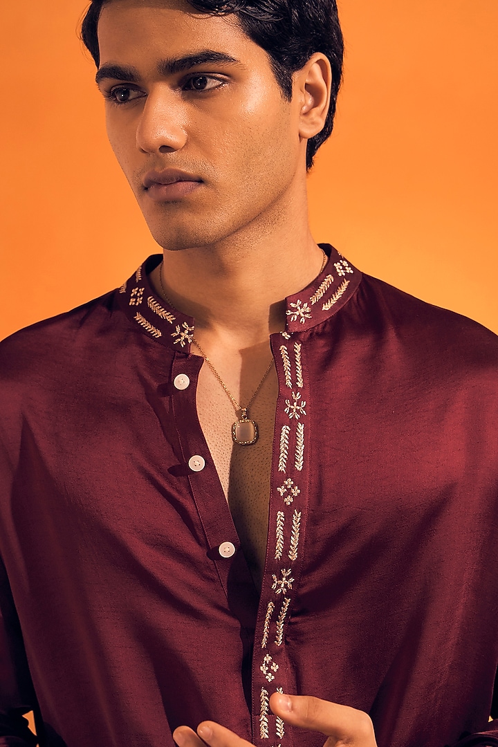 Wine Raw Silk Satin Kurta by Philocaly at Pernia's Pop Up Shop