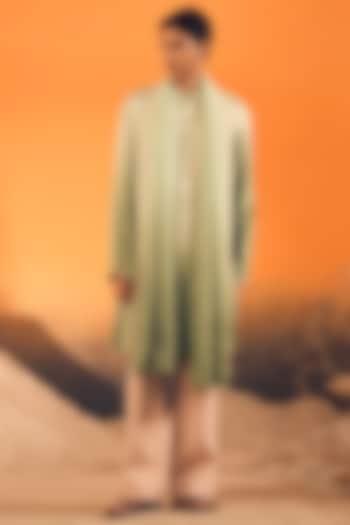 Sage Green Ombre Raw Silk Satin & Tabby Silk Ombre Kurta With Dupatta by Philocaly at Pernia's Pop Up Shop