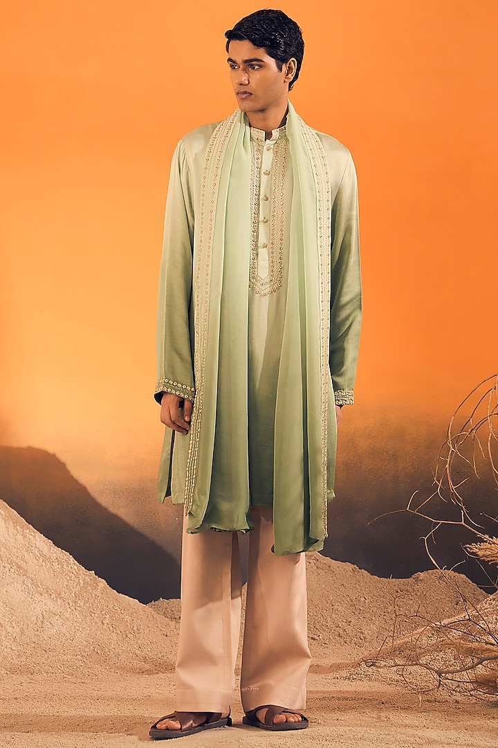 Sage Green Ombre Raw Silk Satin & Tabby Silk Ombre Kurta With Dupatta by Philocaly at Pernia's Pop Up Shop