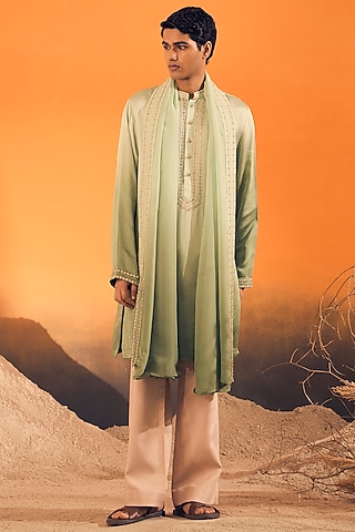 Sage Green Ombre Raw Silk Satin & Tabby Silk Ombre Kurta With Dupatta by Philocaly