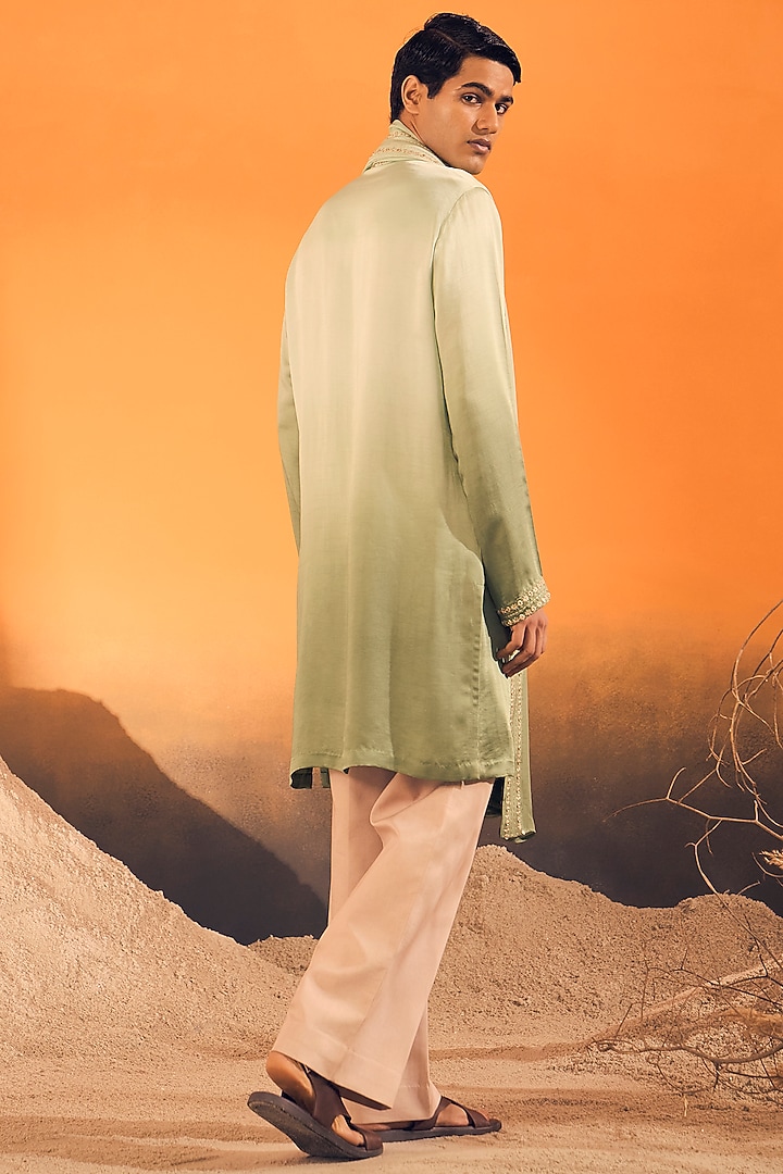 Sage Green Ombre Raw Silk Satin & Tabby Silk Ombre Kurta With Dupatta by Philocaly at Pernia's Pop Up Shop