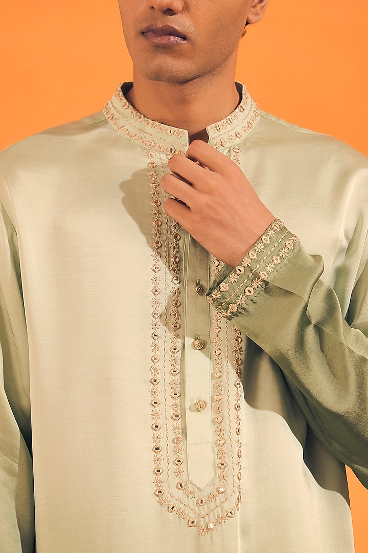 Sage Green Ombre Raw Silk Satin & Tabby Silk Ombre Kurta With Dupatta by Philocaly at Pernia's Pop Up Shop