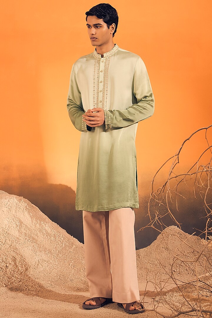 Sage Green Ombre Raw Silk Satin & Tabby Silk Ombre Kurta With Dupatta by Philocaly at Pernia's Pop Up Shop