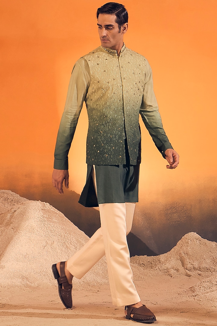 Green Ombre Cotton Silk Thread Embroidered Bundi Jacket Set by Philocaly at Pernia's Pop Up Shop