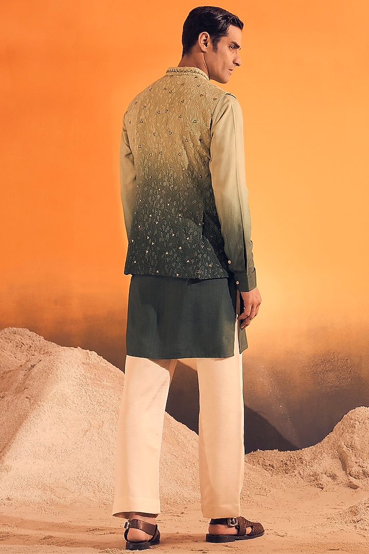 Green Ombre Cotton Silk Thread Embroidered Bundi Jacket Set by Philocaly at Pernia's Pop Up Shop
