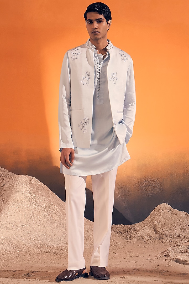 Baby Blue Raw Silk Satin Mirror Embroidered Bundi Jacket Set by Philocaly at Pernia's Pop Up Shop