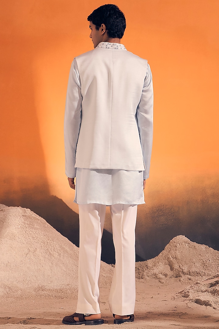 Baby Blue Raw Silk Satin Mirror Embroidered Bundi Jacket Set by Philocaly at Pernia's Pop Up Shop