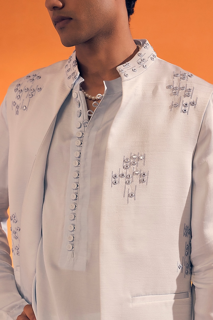 Baby Blue Raw Silk Satin Mirror Embroidered Bundi Jacket Set by Philocaly at Pernia's Pop Up Shop