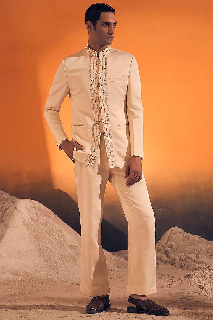 Ivory Raw Silk Satin Zari Embroidered Wedding Bandhgala Set by Philocaly at Pernia's Pop Up Shop