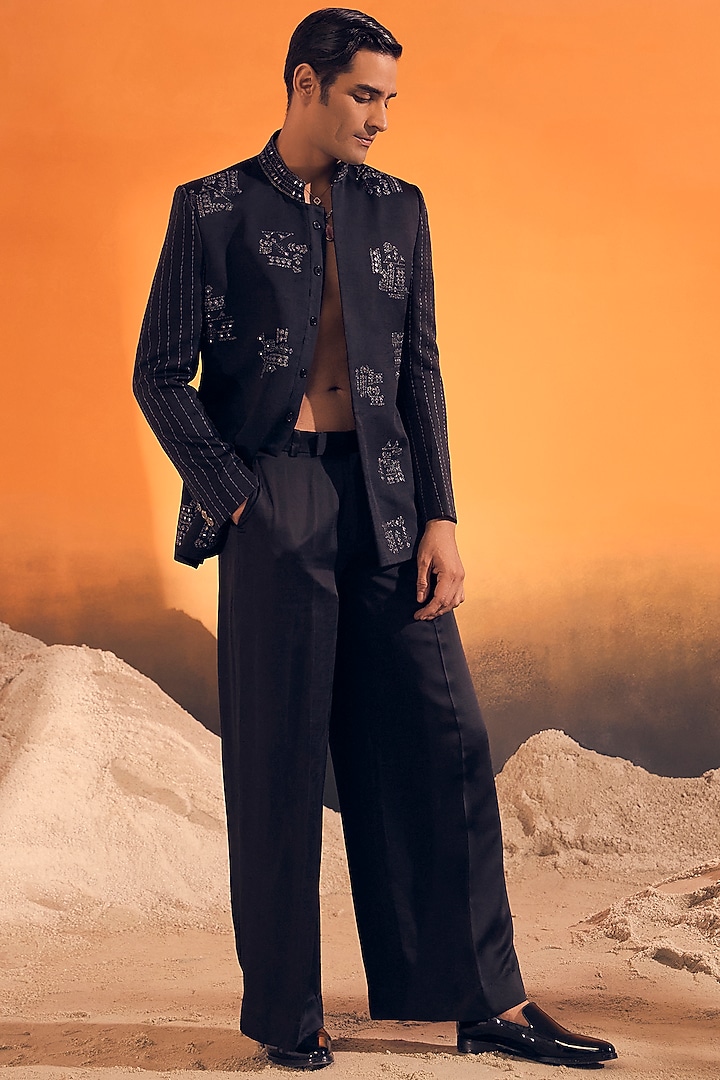 Black Raw Silk Satin Zari Embroidered Wedding Bandhgala by Philocaly at Pernia's Pop Up Shop